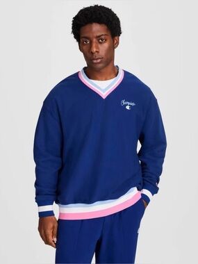 Champion Men Club Sport Striped V-Neck French Terry Pullover